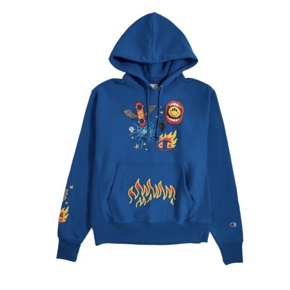 Champion Hoodie Men Sz L Sweatshirt Living in Blue Skateboard  Flames NWT